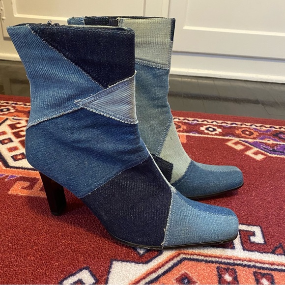 Y2K 2000s Denim Patchwork Ankle Boots Blue Square Toe Heels Booties Size 10 - Picture 6 of 11